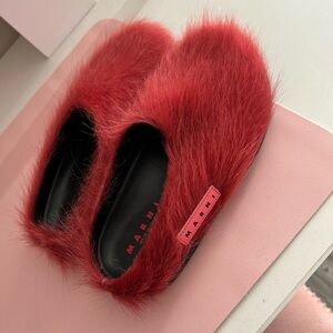 Marni Red Faux-Fur Slide Slippers